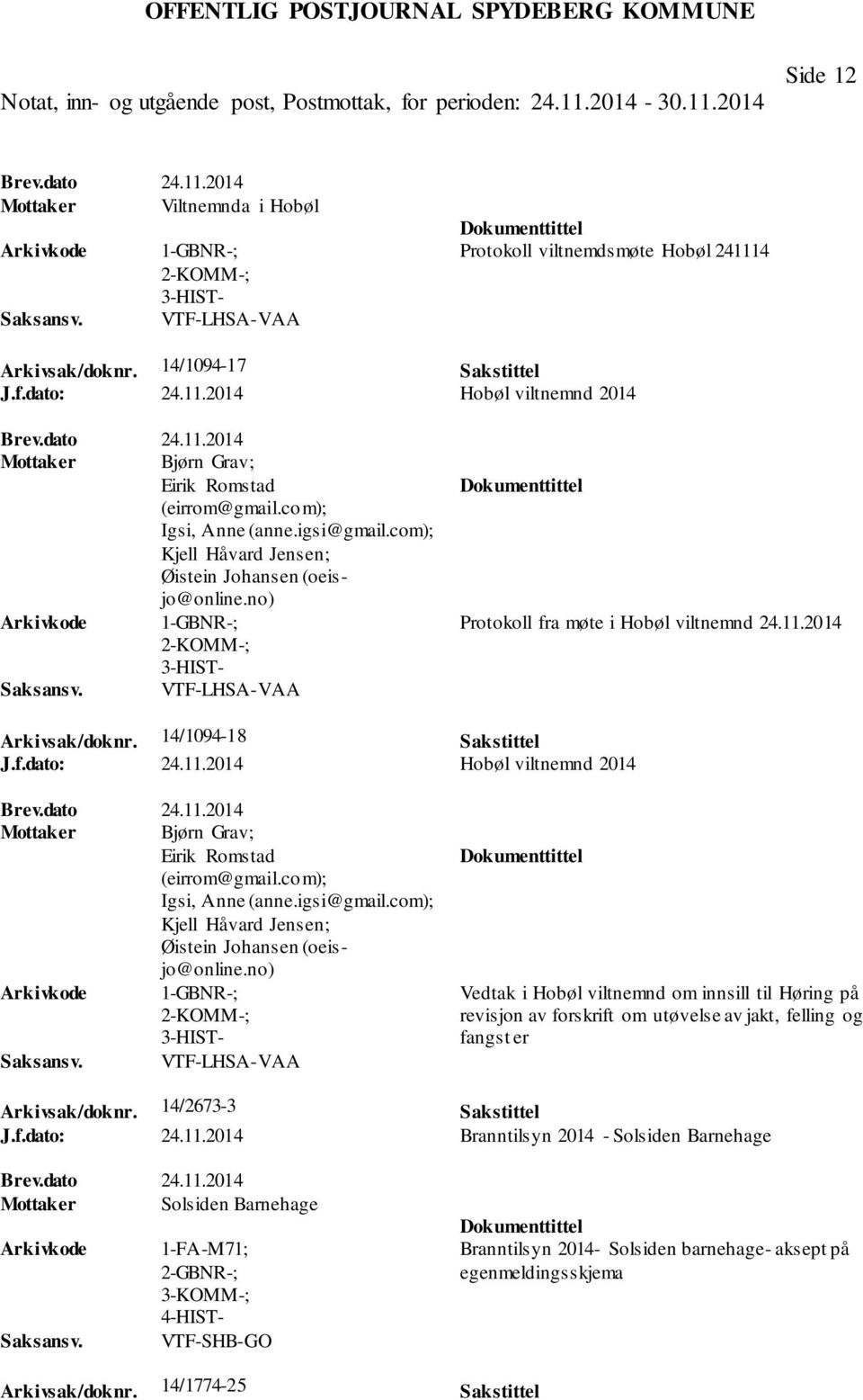 no) 1-GBNR-; 2-KOMM-; VTF-LHSA-VAA Protokoll fra møte i Hobøl viltnemnd 24.11.2014 Arkivsak/doknr. 14/1094-18 Sakstittel J.f.dato: 24.11.2014 Hobøl viltnemnd 2014 Brev.
