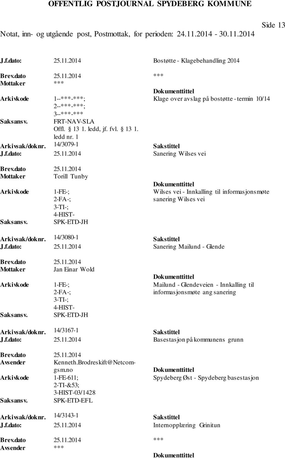 dato 25.11.2014 Mottaker Jan Einar Wold 1-FE-; 3-TI-; SPK-ETD-JH Mailund - Glendeveien - Innkalling til informasjonsmøte ang sanering Arkivsak/doknr. 14/3167-1 Sakstittel J.f.dato: 25.11.2014 Basestasjon på kommunens grunn Brev.