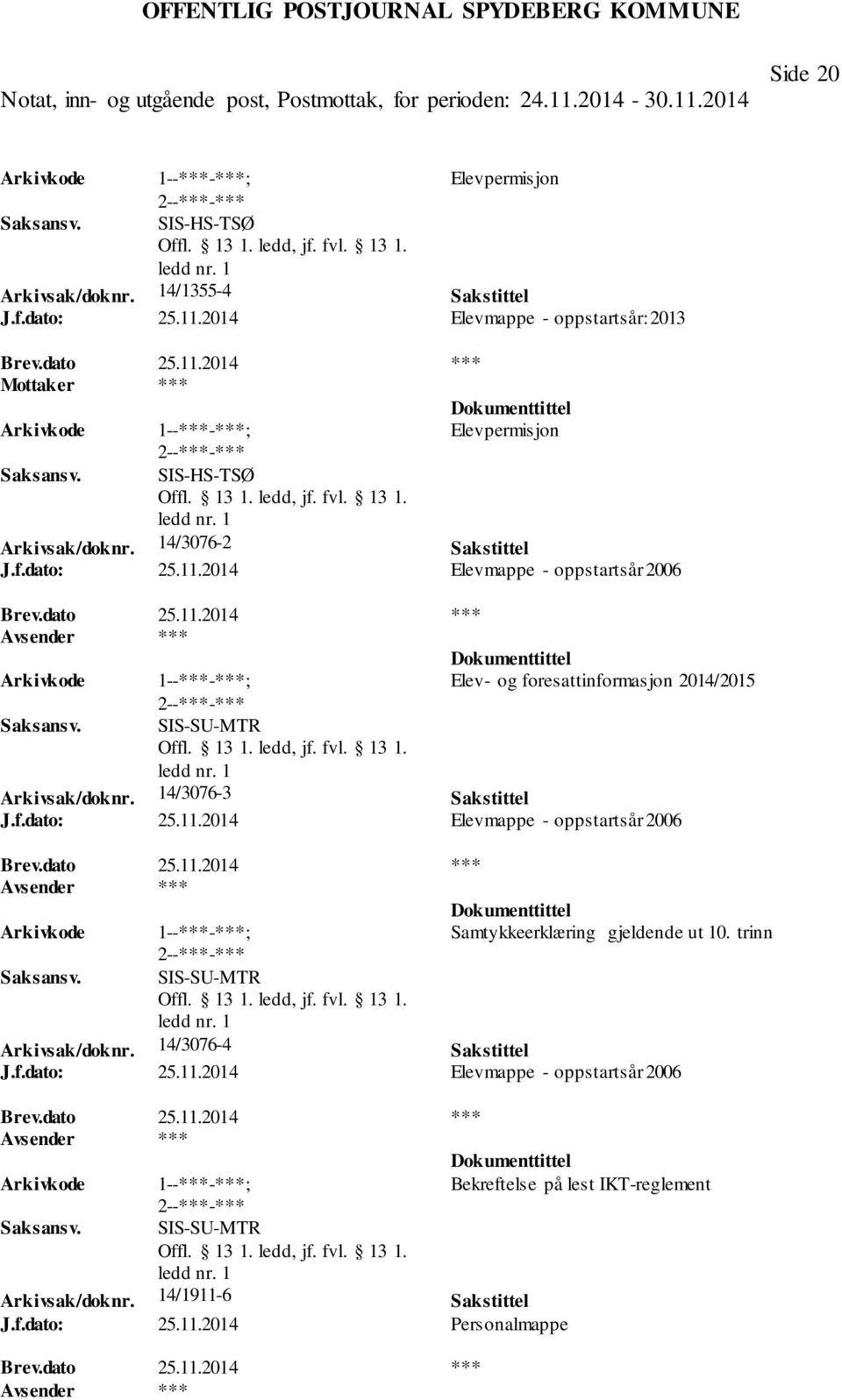 2014 Elevmappe - oppstartsår 2006 Elev- og foresattinformasjon 2014/2015 SIS-SU-MTR Arkivsak/doknr. 14/3076-3 Sakstittel J.f.dato: 25.11.