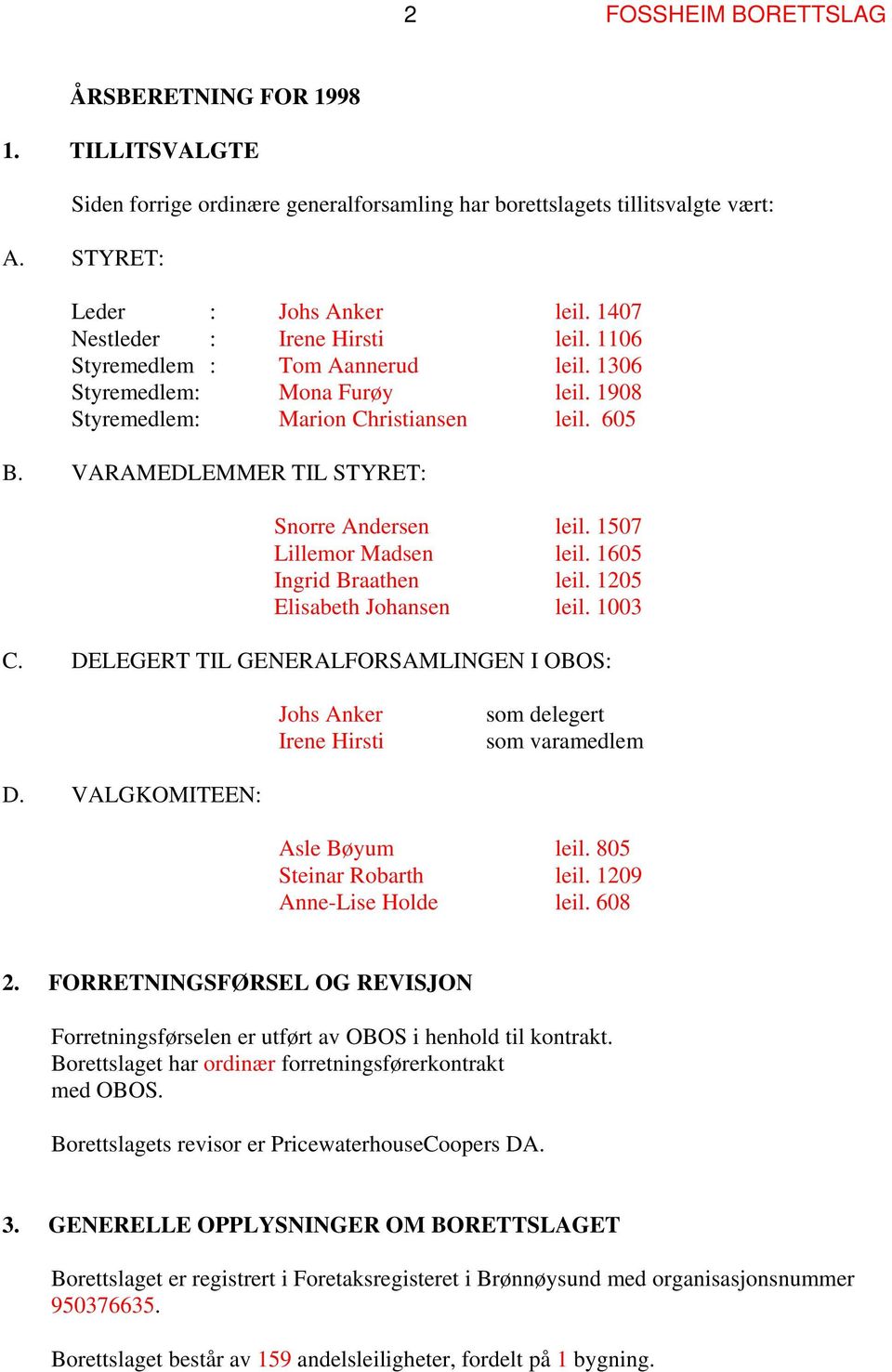 VARAMEDLEMMER TIL STYRET: Snorre Andersen leil. 1507 Lillemor Madsen leil. 1605 Ingrid Braathen leil. 1205 Elisabeth Johansen leil. 1003 C.