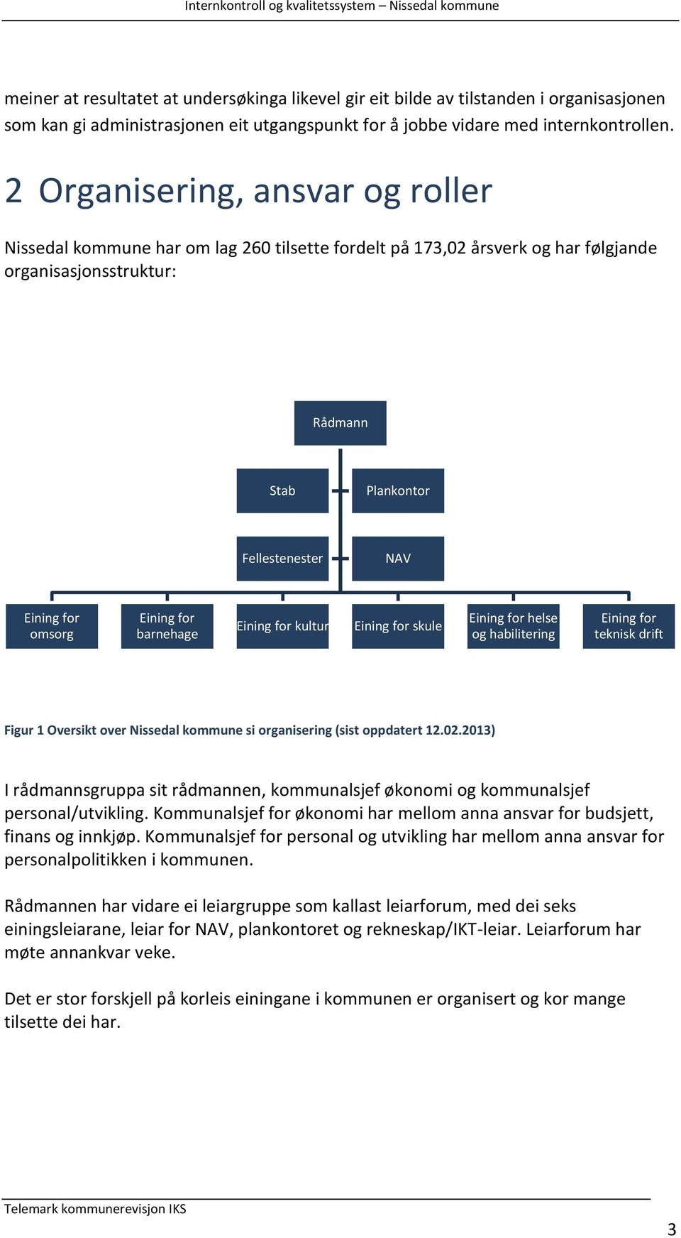 omsorg Eining for barnehage Eining for kultur Eining for skule Eining for helse og habilitering Eining for teknisk drift Figur 1 Oversikt over Nissedal kommune si organisering (sist oppdatert 12.02.