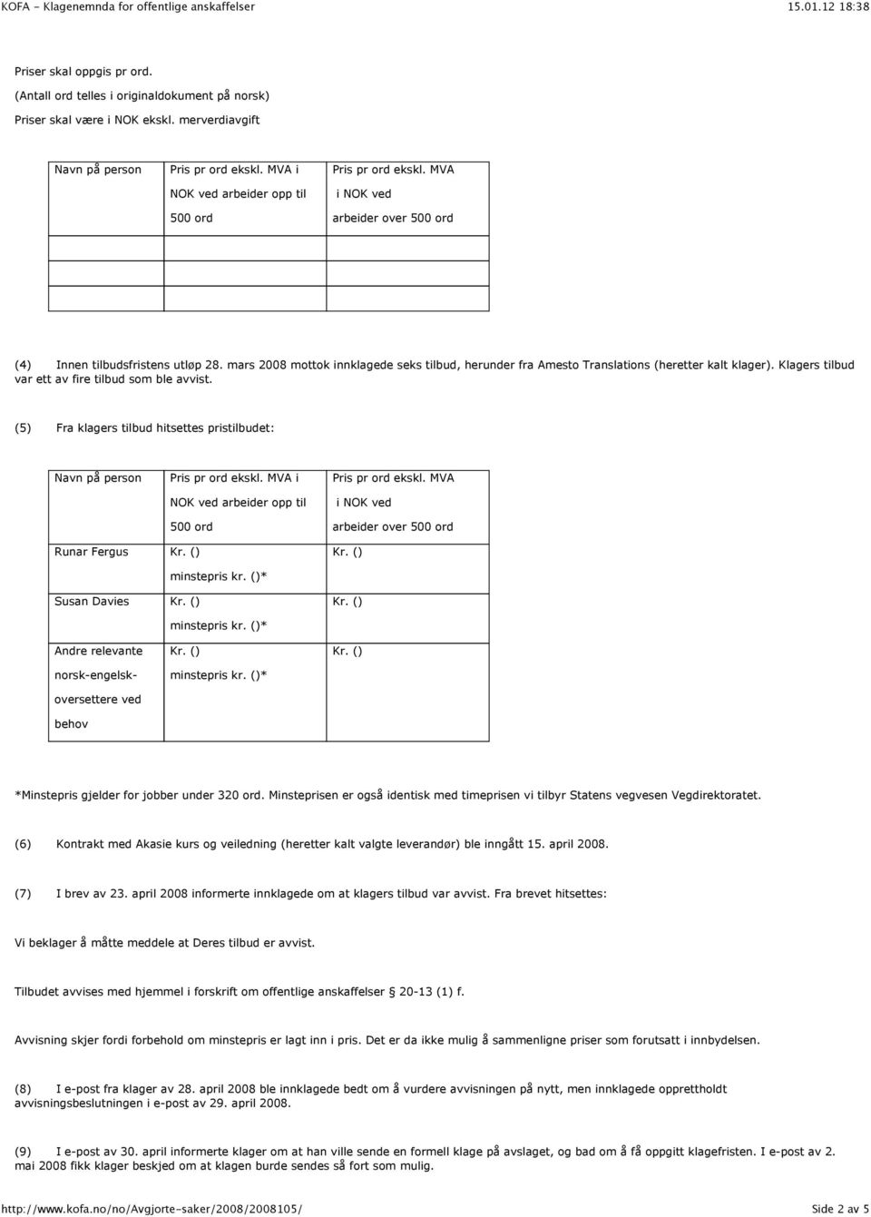 mars 2008 mottok innklagede seks tilbud, herunder fra Amesto Translations (heretter kalt klager). Klagers tilbud var ett av fire tilbud som ble avvist.