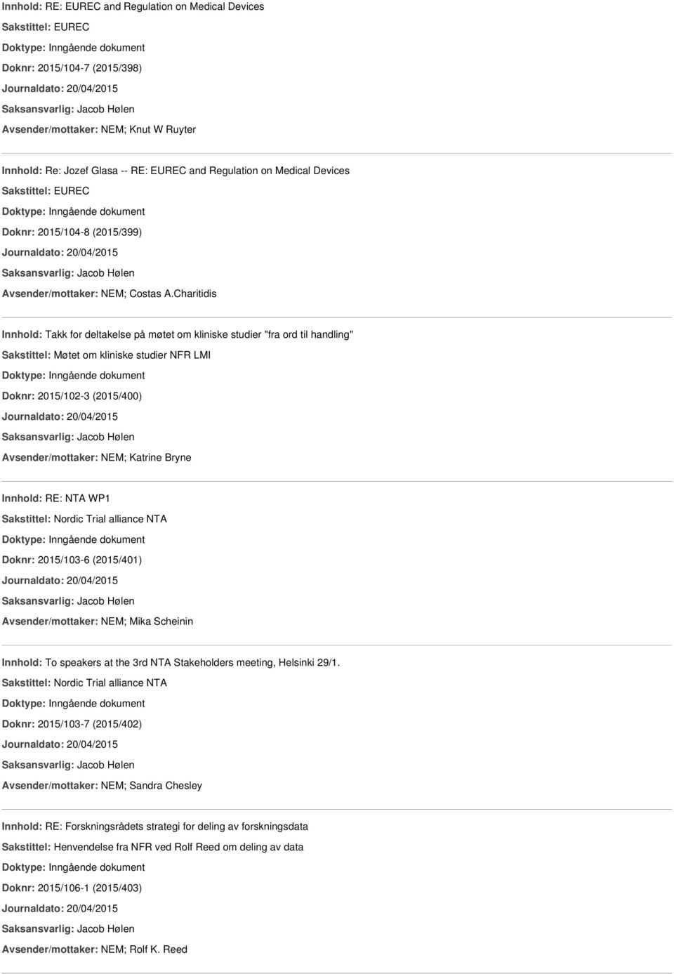 Charitidis Innhold: Takk for deltakelse på møtet om kliniske studier "fra ord til handling" Sakstittel: Møtet om kliniske studier NFR LMI Doknr: 2015/102-3 (2015/400) Avsender/mottaker: NEM; Katrine