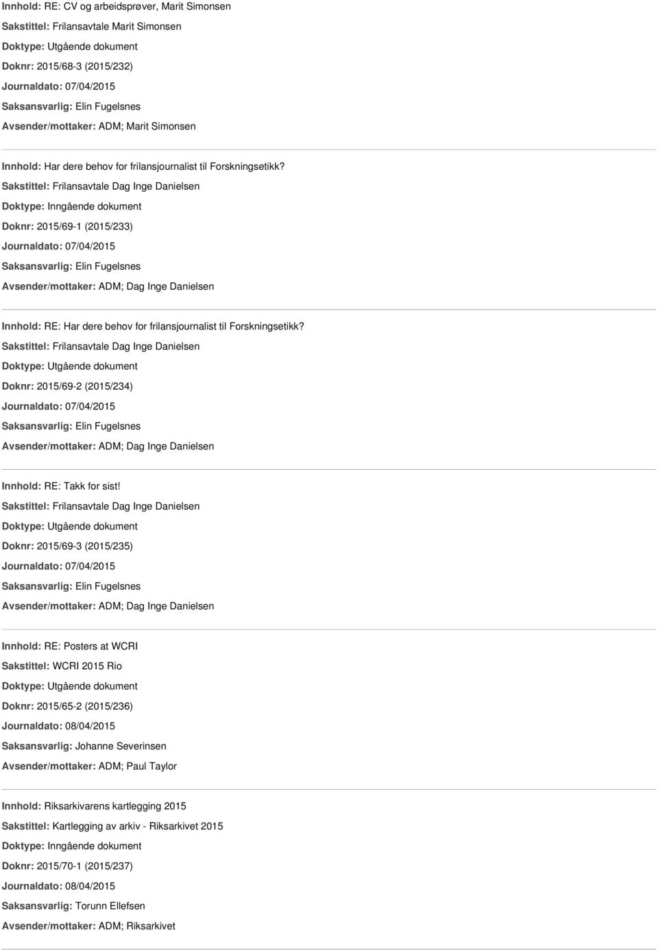 Sakstittel: Frilansavtale Dag Inge Danielsen Doknr: 2015/69-1 (2015/233) Journaldato: 07/04/2015 Saksansvarlig: Elin Fugelsnes Avsender/mottaker: ADM; Dag Inge Danielsen Innhold: RE: Har dere behov