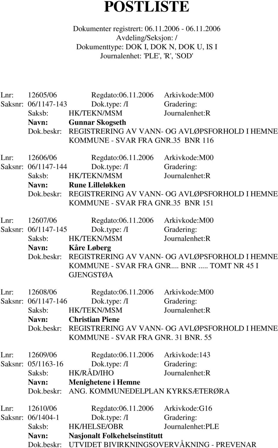 .. BNR... TOMT NR 45 I GJENGSTØA Lnr: 12608/06 Regdato:06.11.2006 Arkivkode:M00 Saksnr: 06/1147-146 Dok.type: /I Gradering: Christian Piene KOMMUNE - SVAR FRA GNR. 31 BNR. 55 Lnr: 12609/06 Regdato:06.