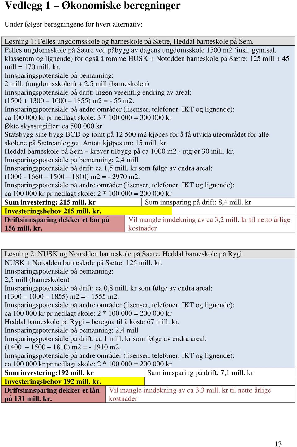 Innsparingspotensiale på bemanning: 2 mill. (ungdomsskolen) + 2,5 mill (barneskolen) Innsparingspotensiale på drift: Ingen vesentlig endring av areal: (1500 + 1300 1000 1855) m2 = - 55 m2.