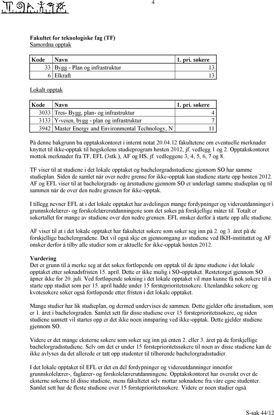 søkere 3033 Tres- Bygg, plan- og infrastruktur 4 3133 Y-veien, bygg - plan og infrastruktur 7 3942 Master Energy and Environmental Technology, N 11 På denne bakgrunn ba opptakskontoret i internt