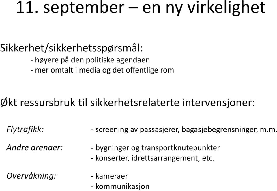 intervensjoner: Flytrafikk: Andre arenaer: Overvåkning: - screening av passasjerer,