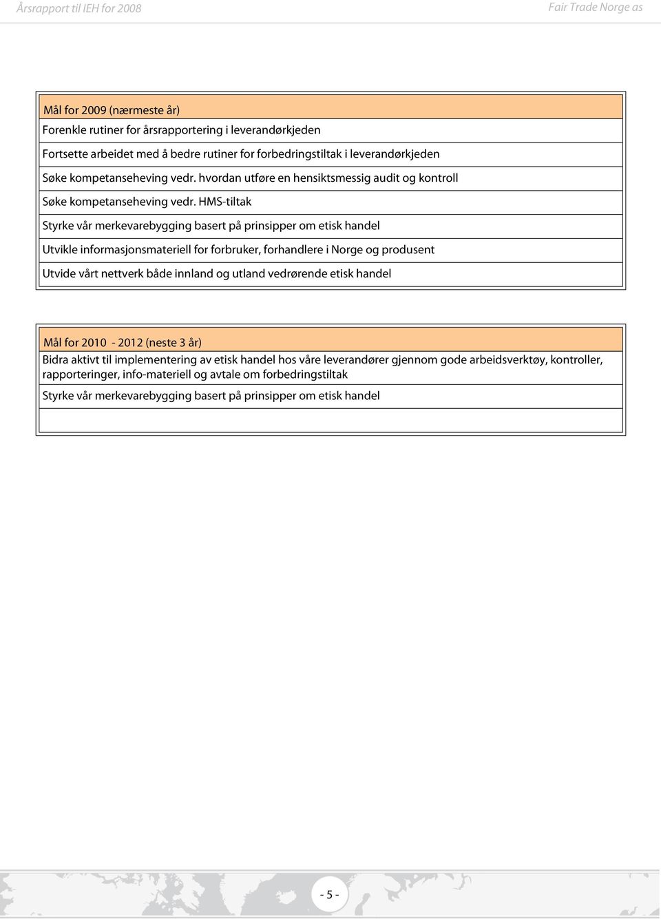 HMS-tiltak Styrke vår merkevarebygging basert på prinsipper om etisk handel Utvikle informasjonsmateriell for forbruker, forhandlere i Norge og produsent Utvide vårt nettverk både innland og