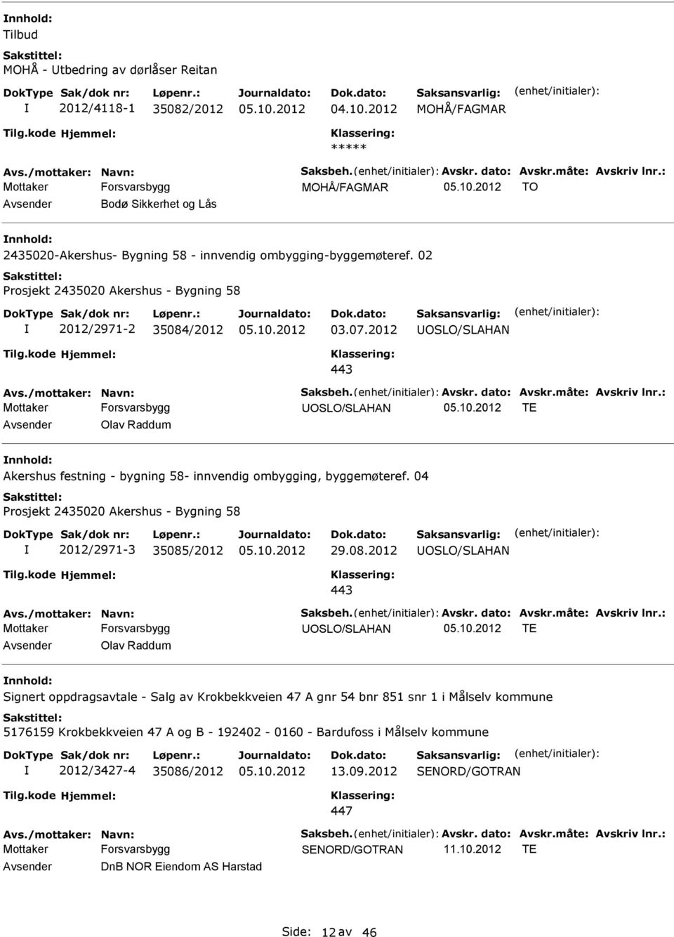 2012 UOSLO/SLAHAN 443 Avs./mottaker: Navn: Saksbeh. Avskr. dato: Avskr.måte: Avskriv lnr.