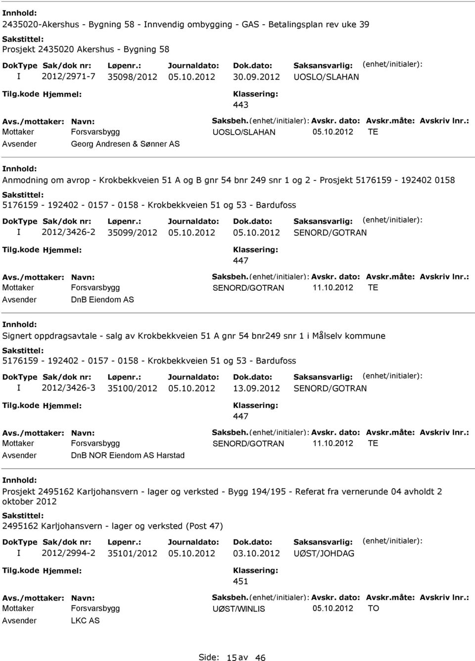 : UOSLO/SLAHAN TE Avsender Georg Andresen & Sønner AS nnhold: Anmodning om avrop - Krokbekkveien 51 A og B gnr 54 bnr 249 snr 1 og 2 - Prosjekt 5176159-192402 0158 5176159-192402 - 0157-0158 -