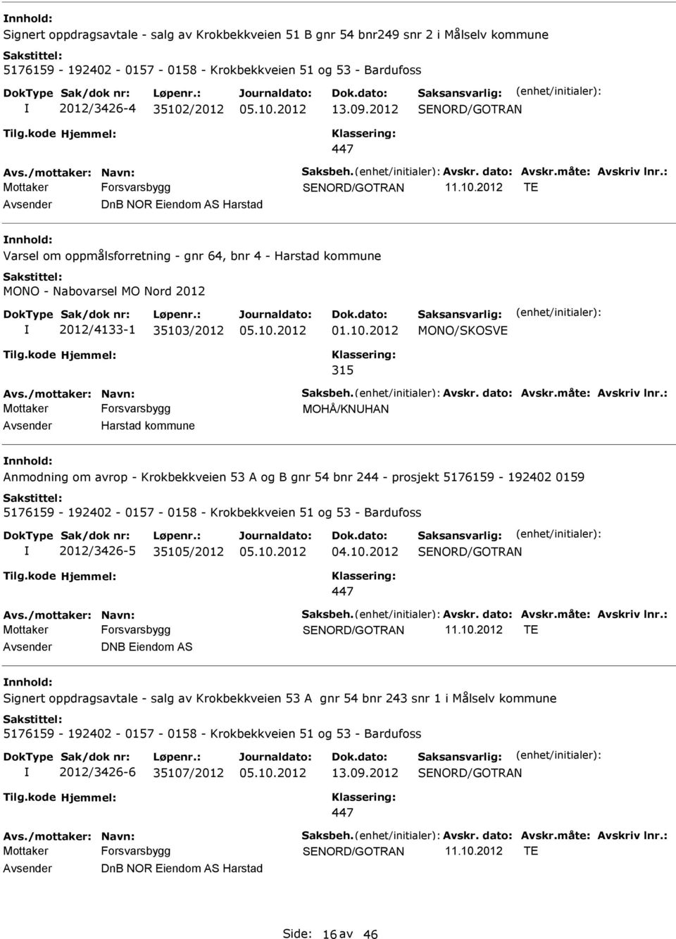 2012 TE Avsender DnB NOR Eiendom AS Harstad nnhold: Varsel om oppmålsforretning - gnr 64, bnr 4 - Harstad kommune MONO - Nabovarsel MO Nord 2012 2012/4133-1 35103/2012 01.10.2012 MONO/SKOSVE 315 Avs.