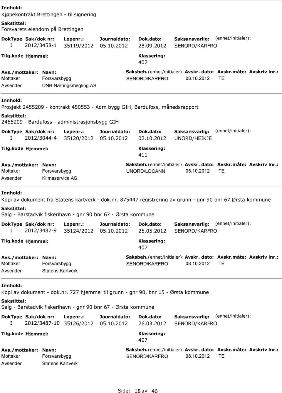 2012 TE Avsender DNB Næringsmegling AS nnhold: Prosjekt 2455209 - kontrakt 450553 - Adm bygg GH, Bardufoss, månedsrapport 2455209 - Bardufoss - administrasjonsbygg GH 2012/3044-4 35120/2012 02.10.