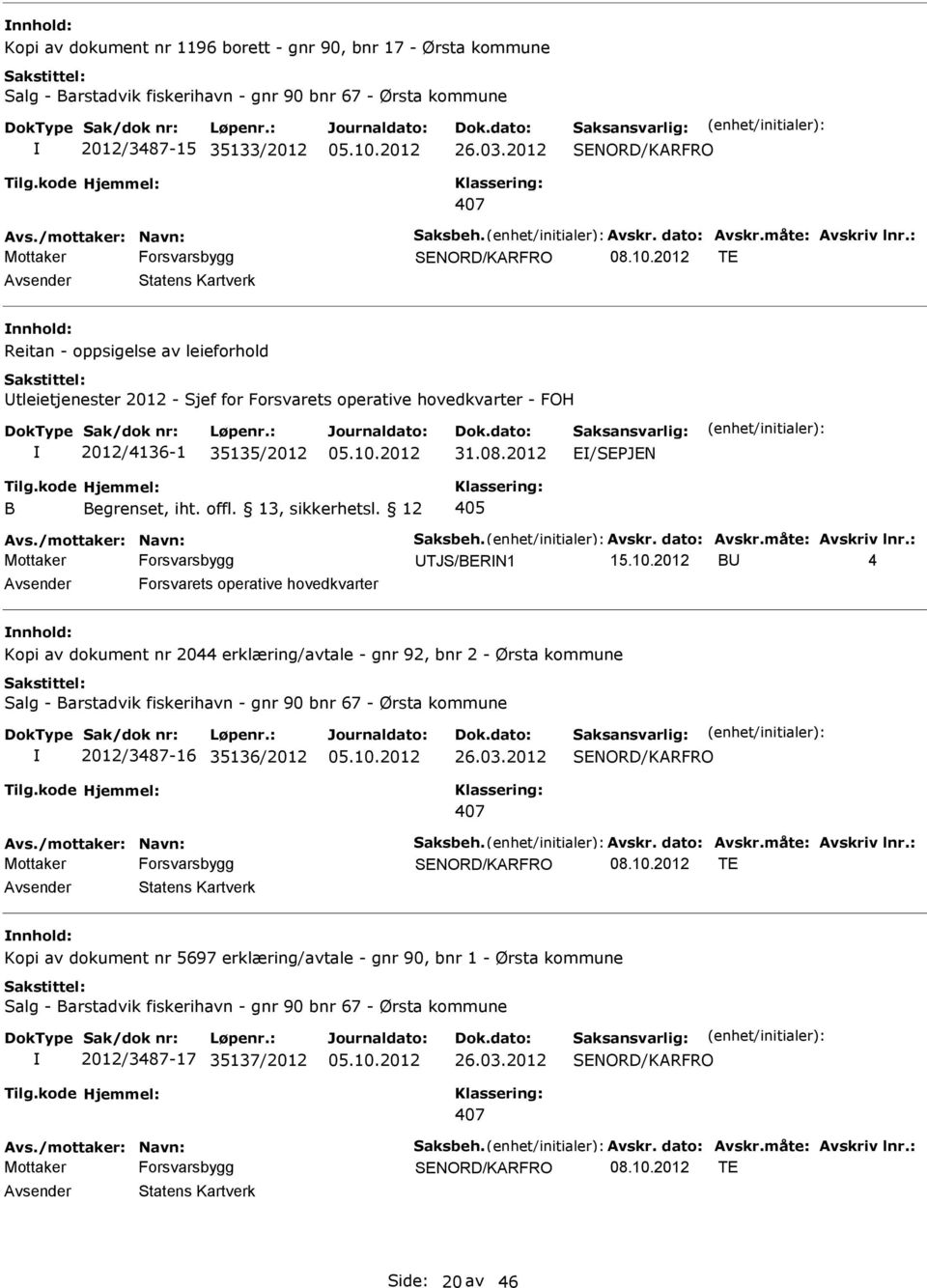 2012 TE Avsender Statens Kartverk nnhold: Reitan - oppsigelse av leieforhold Utleietjenester 2012 - Sjef for Forsvarets operative hovedkvarter - FOH 2012/4136-1 35135/2012 31.08.