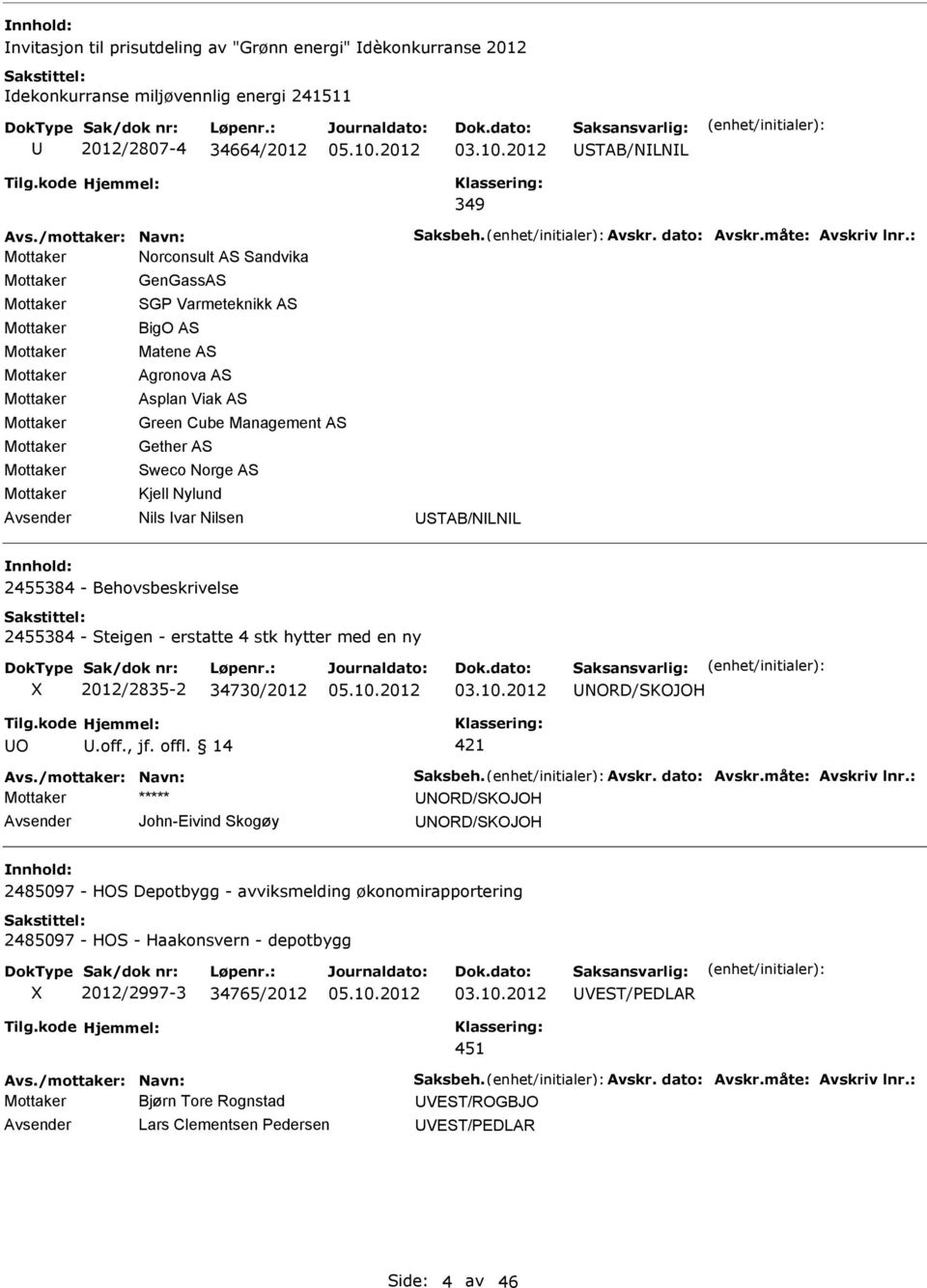 : Mottaker Norconsult AS Sandvika Mottaker Mottaker Mottaker Mottaker Mottaker Mottaker Mottaker Mottaker Mottaker Mottaker Avsender GenGassAS SGP Varmeteknikk AS BigO AS Matene AS Agronova AS Asplan