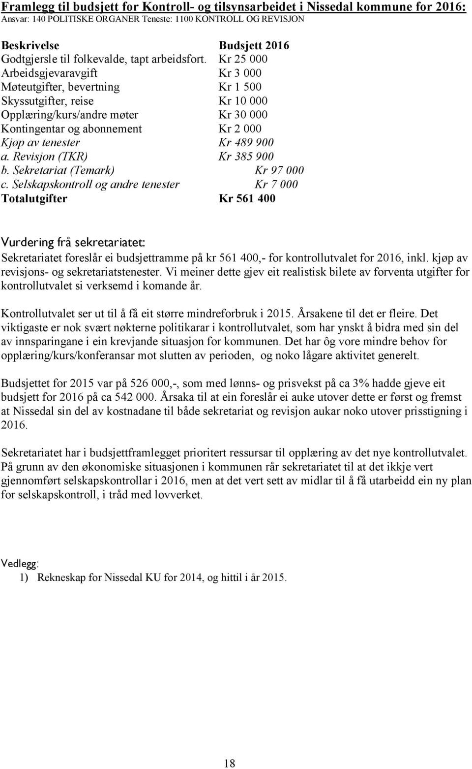 Kr 25 000 Arbeidsgjevaravgift Kr 3 000 Møteutgifter, bevertning Kr 1 500 Skyssutgifter, reise Kr 10 000 Opplæring/kurs/andre møter Kr 30 000 Kontingentar og abonnement Kr 2 000 Kjøp av tenester Kr