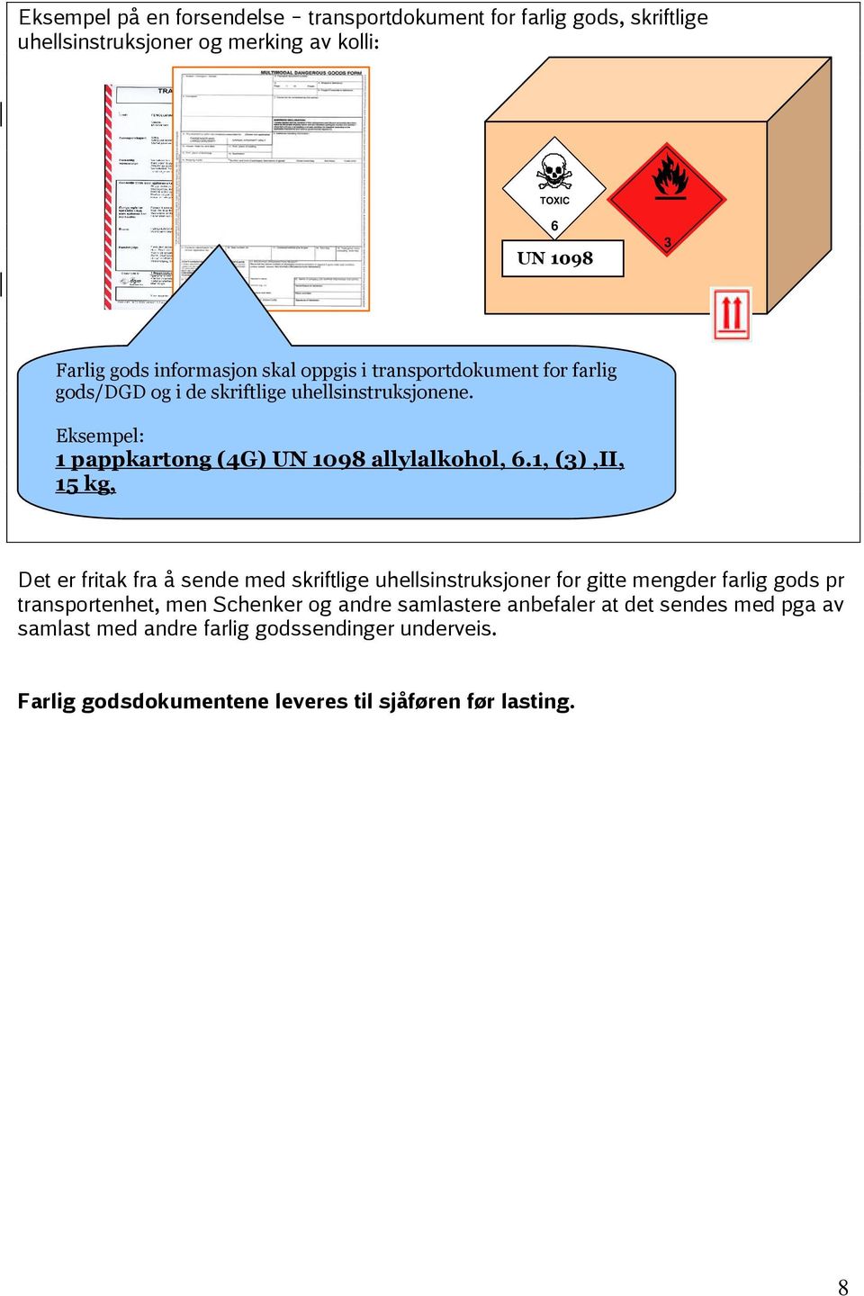 Eksempel: 1 pappkartong (4G) UN 1098 allylalkohol, 6.