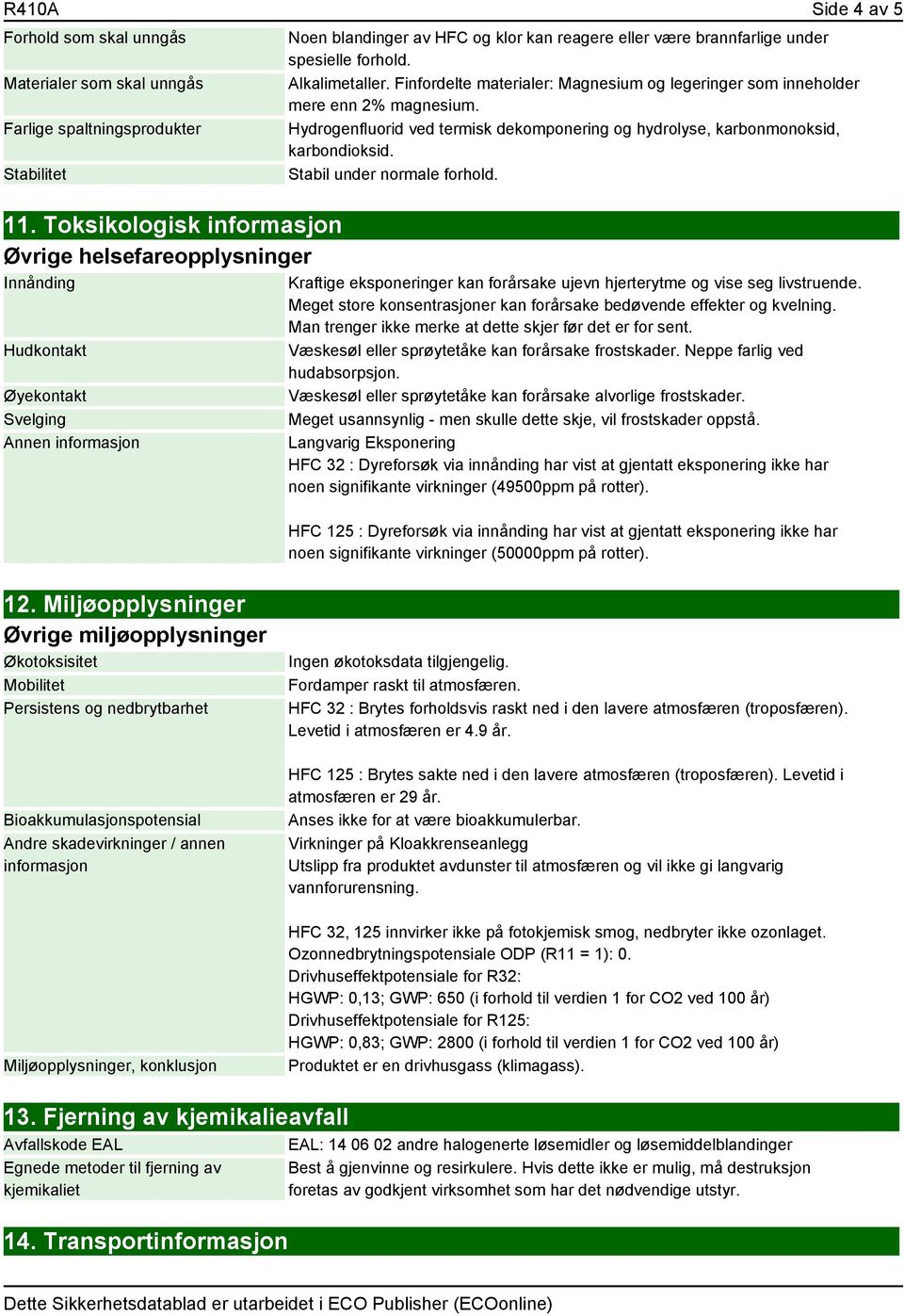 forhold. Alkalimetaller. Finfordelte materialer: Magnesium og legeringer som inneholder mere enn 2% magnesium. Hydrogenfluorid ved termisk dekomponering og hydrolyse, karbonmonoksid, karbondioksid.