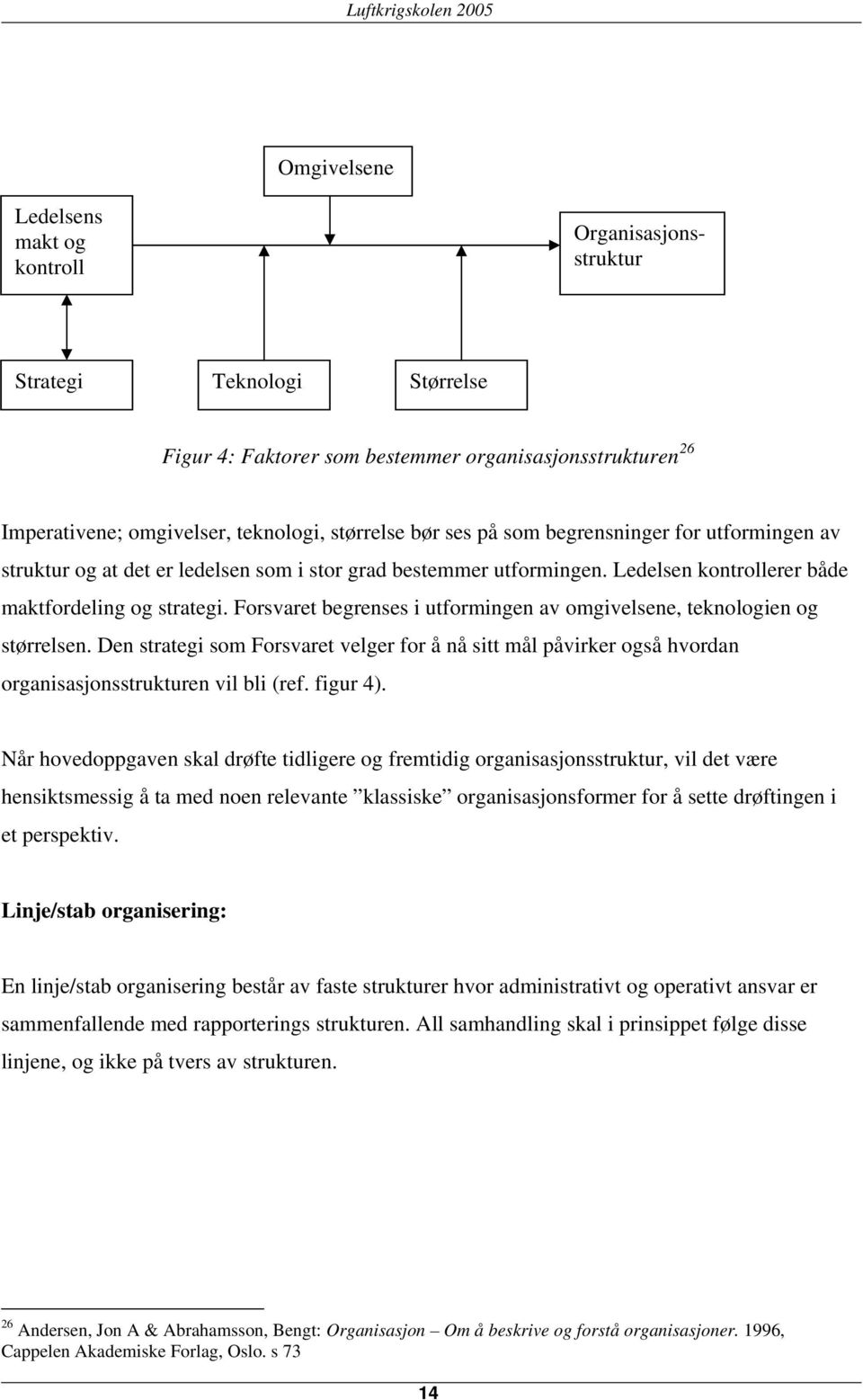 Forsvaret begrenses i utformingen av omgivelsene, teknologien og størrelsen. Den strategi som Forsvaret velger for å nå sitt mål påvirker også hvordan organisasjonsstrukturen vil bli (ref. figur 4).