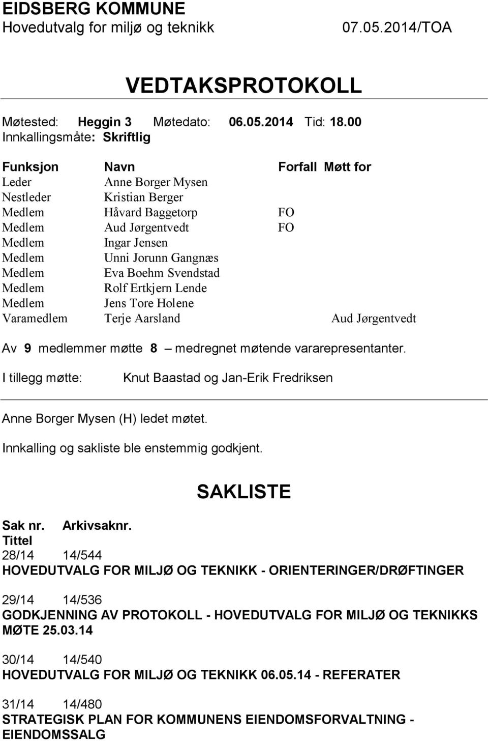 Jorunn Gangnæs Medlem Eva Boehm Svendstad Medlem Rolf Ertkjern Lende Medlem Jens Tore Holene Varamedlem Terje Aarsland Aud Jørgentvedt Av 9 medlemmer møtte 8 medregnet møtende vararepresentanter.