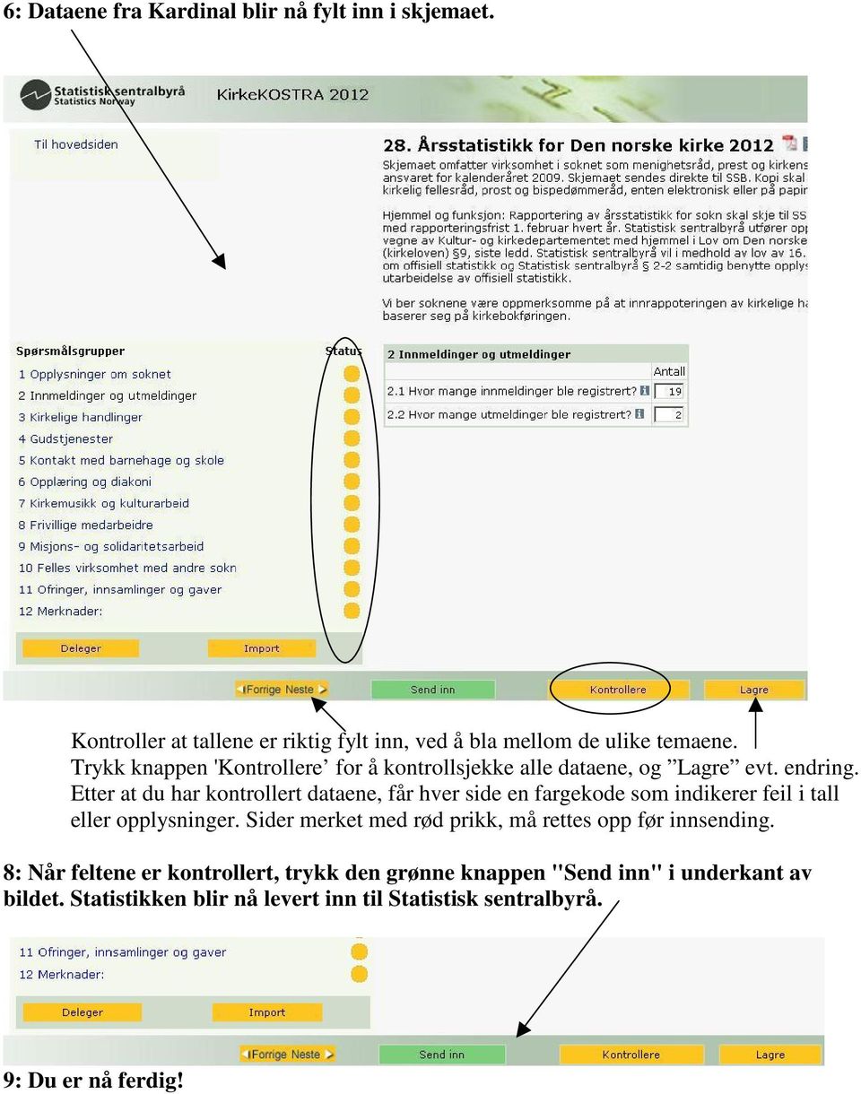 Etter at du har kontrollert dataene, får hver side en fargekode som indikerer feil i tall eller opplysninger.