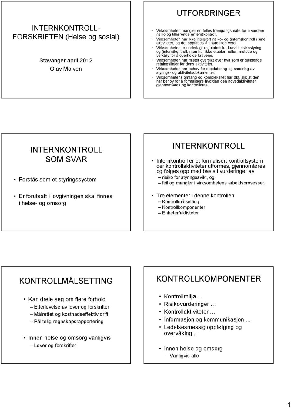 (intern)kontroll, men har ikke etablert roller, metode og verktøy for å overholde kravene. Virksomheten har mistet oversikt over hva som er gjeldende retningslinjer for dens aktiviteter.