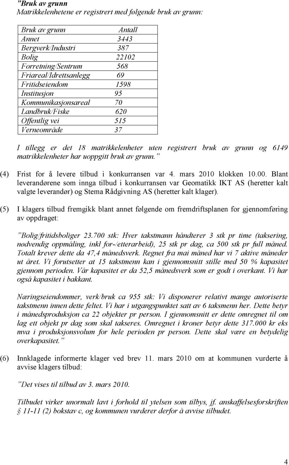 matrikkelenheter har uoppgitt bruk av grunn. (4) Frist for å levere tilbud i konkurransen var 4. mars 2010 klokken 10.00.