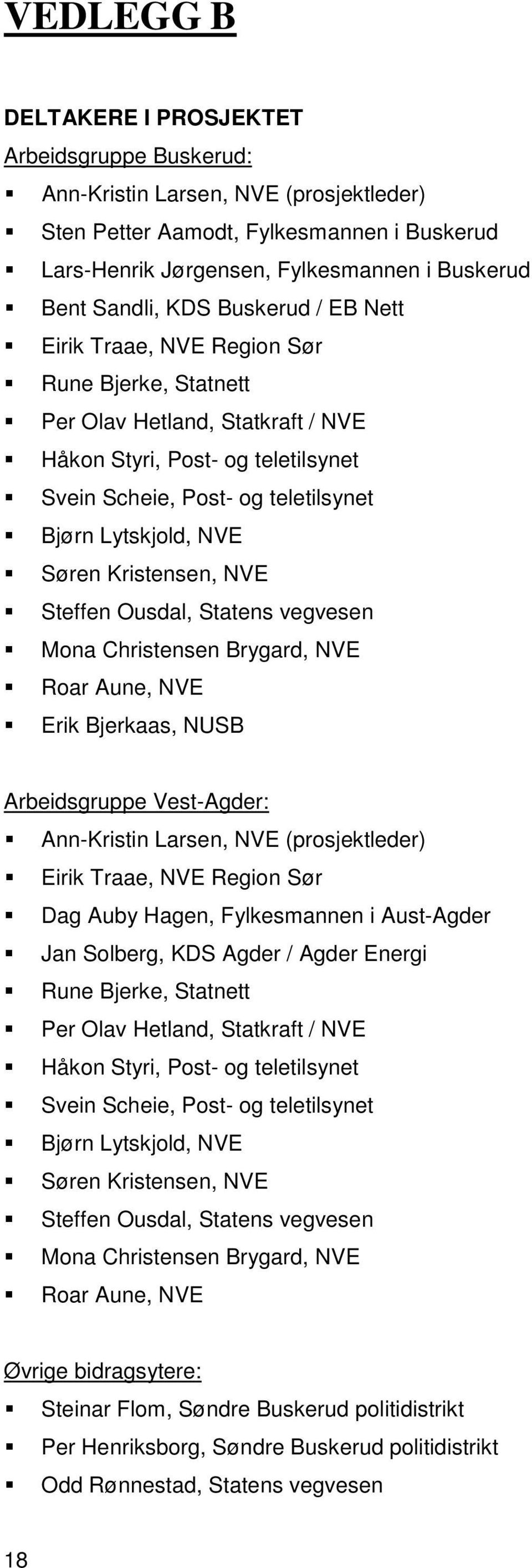 Lytskjold, NVE Søren Kristensen, NVE Steffen Ousdal, Statens vegvesen Mona Christensen Brygard, NVE Roar Aune, NVE Erik Bjerkaas, NUSB Arbeidsgruppe Vest-Agder: Ann-Kristin Larsen, NVE