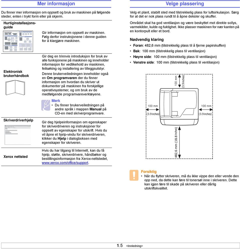 Hurtiginstallasjonsguide Elektronisk brukerhåndbok Skriverdriverhjelp Xerox nettsted Gir informasjon om oppsett av maskinen. Følg derfor instruksjonene i denne guiden for å klargjøre maskinen.