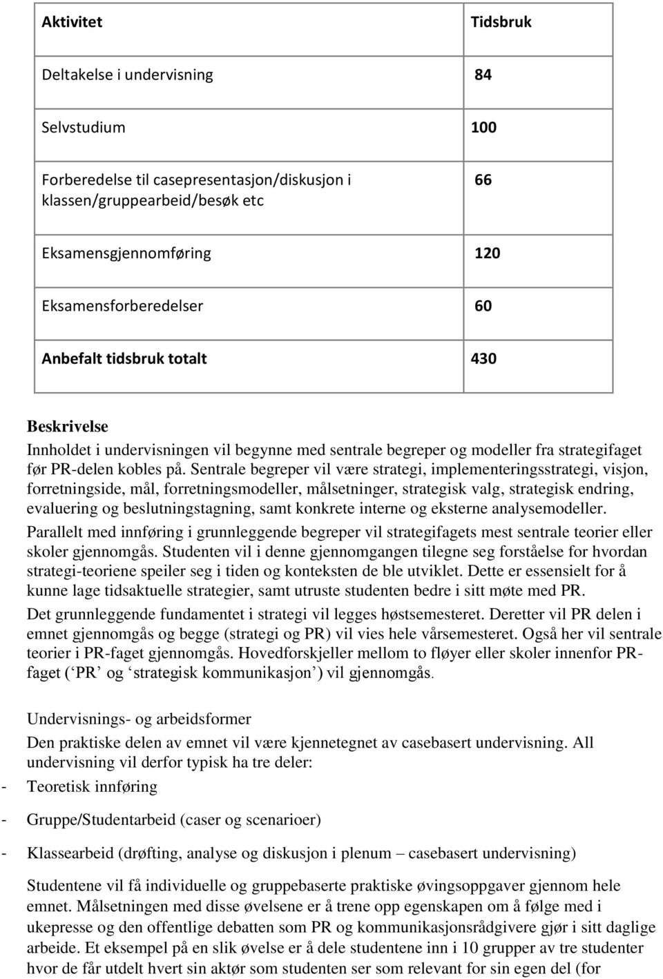 Sentrale begreper vil være strategi, implementeringsstrategi, visjon, forretningside, mål, forretningsmodeller, målsetninger, strategisk valg, strategisk endring, evaluering og beslutningstagning,