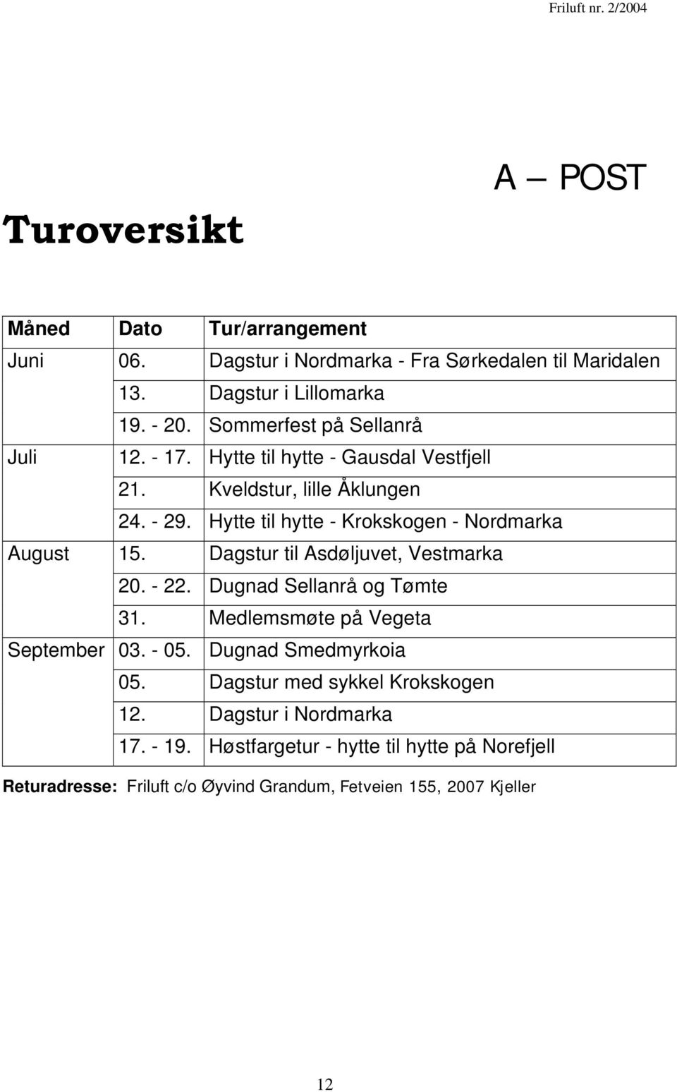 Hytte til hytte - Krokskogen - Nordmarka August 15. Dagstur til Asdøljuvet, Vestmarka 20. - 22. Dugnad Sellanrå og Tømte 31.
