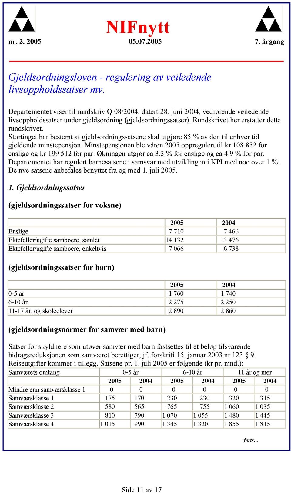 Stortinget har bestemt at gjeldsordningssatsene skal utgjøre 85 % av den til enhver tid gjeldende minstepensjon.