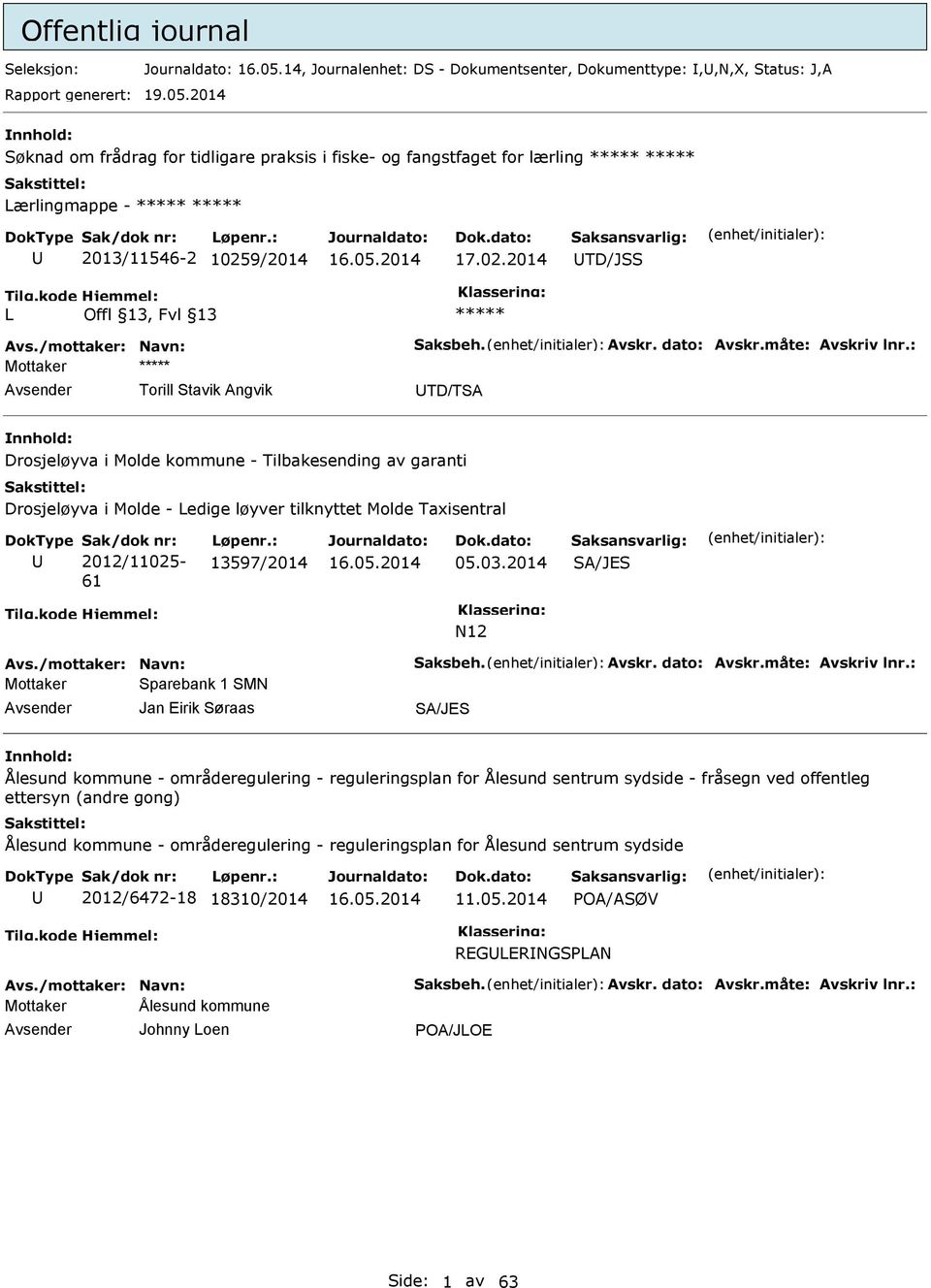 : Torill Stavik Angvik TD/TSA Drosjeløyva i Molde kommune - Tilbakesending av garanti Drosjeløyva i Molde - edige løyver tilknyttet Molde Taxisentral Sak/dok nr: 2012/11025-61 øpenr.: 13597/2014 05.