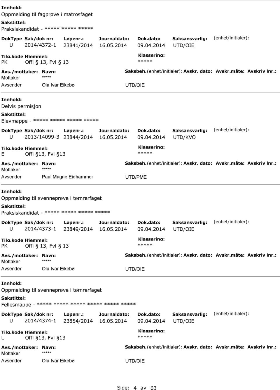 : Paul Magne idhammer TD/PM Oppmelding til svenneprøve i tømrerfaget Praksiskandidat - 2014/4373-1 23849/2014 09.04.2014 TD/O PK Offl 13, Fvl 13 Avs./mottaker: Navn: Saksbeh. Avskr.