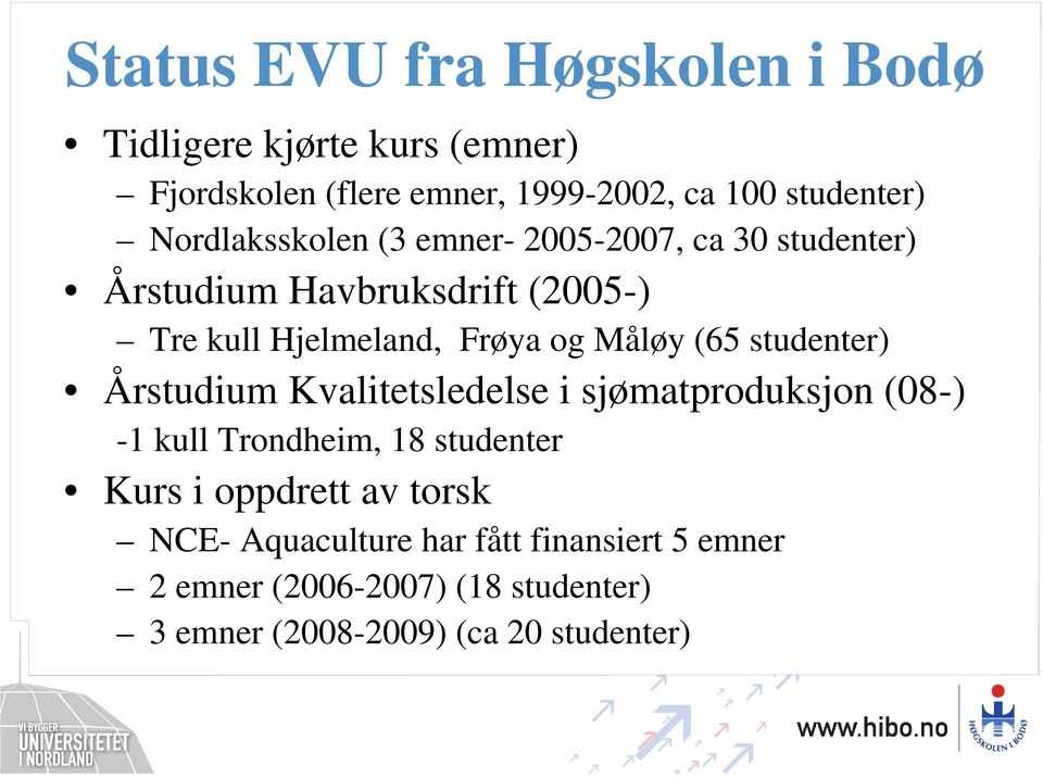 Måløy (65 studenter) Årstudium Kvalitetsledelse i sjømatproduksjon (08-) -1 kull Trondheim, 18 studenter Kurs i