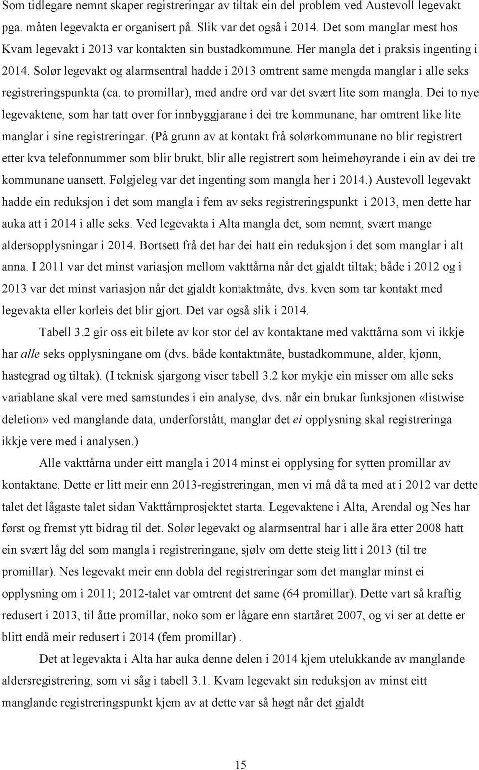 Solør legevakt og alarmsentral hadde i 2013 omtrent same mengda manglar i alle seks registreringspunkta (ca. to promillar), med andre ord var det svært lite som mangla.