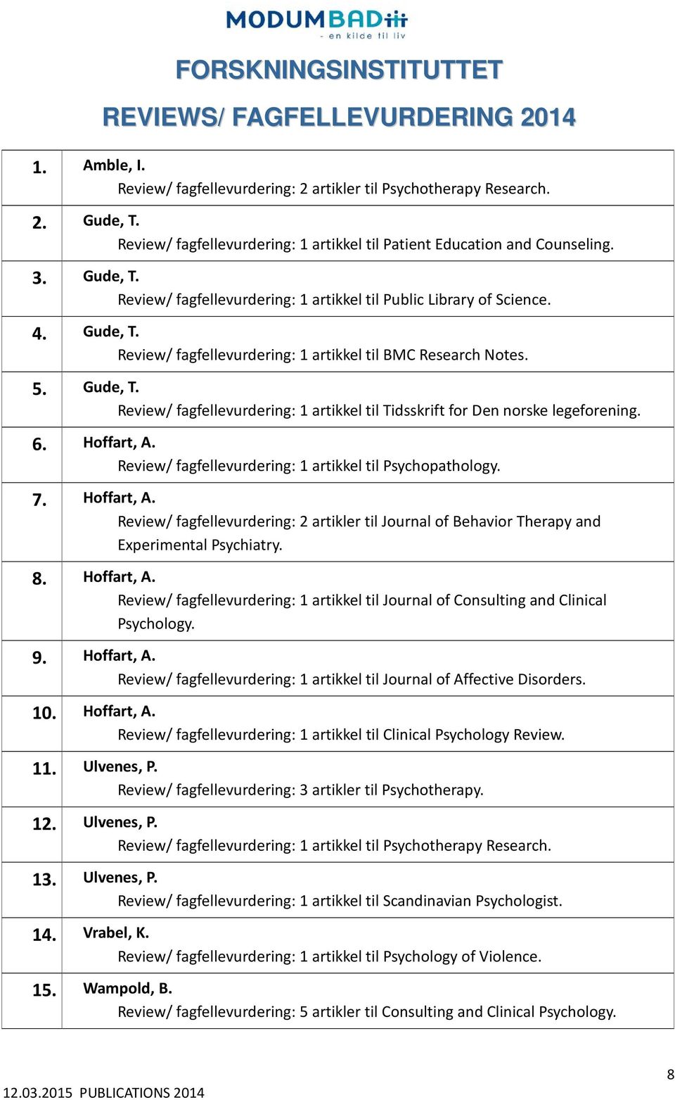 6. Hoffart, A. Review/ fagfellevurdering: 1 artikkel til Psychopathology. 7. Hoffart, A. Review/ fagfellevurdering: 2 artikler til Journal of Behavior Therapy and Experimental Psychiatry. 8.