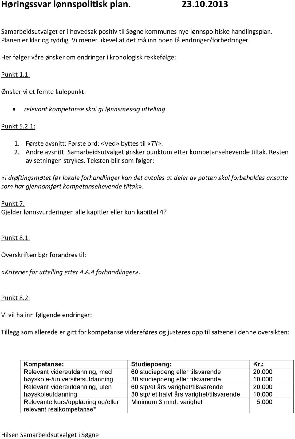 1: Ønsker vi et femte kulepunkt: relevant kompetanse skal gi lønnsmessig uttelling Punkt 5.2.1: 1. Første avsnitt: Første ord: «Ved» byttes til «Til». 2.