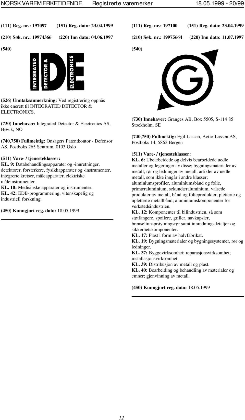 (730) Innehaver: Integrated Detector & Electronics AS, Høvik, NO (740,750) Fullmektig: Onsagers Patentkontor - Defensor AS, Postboks 265 Sentrum, 0103 Oslo KL.