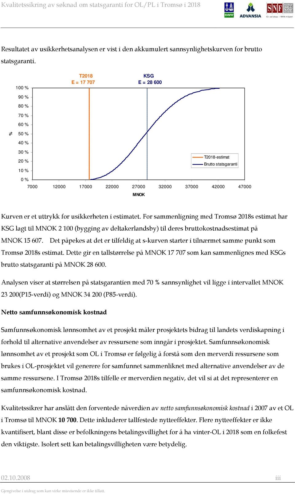 uttrykk for usikkerheten i estimatet. For sammenligning med Tromsø 2018s estimat har KSG lagt til MNOK 2 100 (bygging av deltakerlandsby) til deres bruttokostnadsestimat på MNOK 15 607.