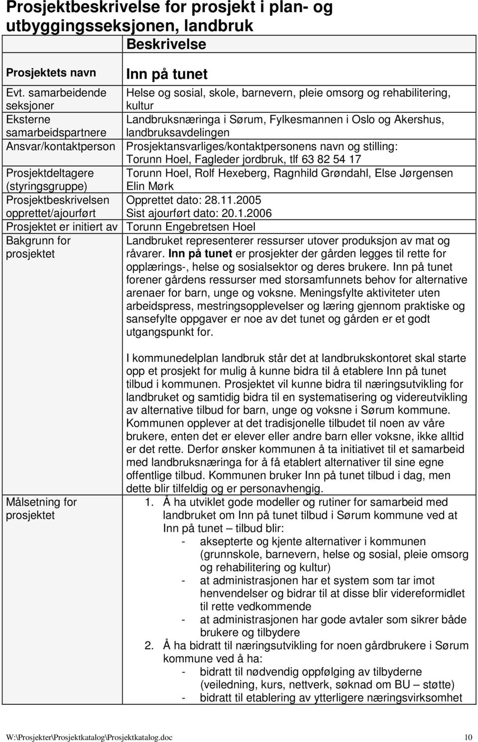 landbruksavdelingen Ansvar/kontaktperson Prosjektansvarliges/kontaktpersonens navn og stilling: Torunn Hoel, Fagleder jordbruk, tlf 63 82 54 17 Prosjektdeltagere Torunn Hoel, Rolf Hexeberg, Ragnhild