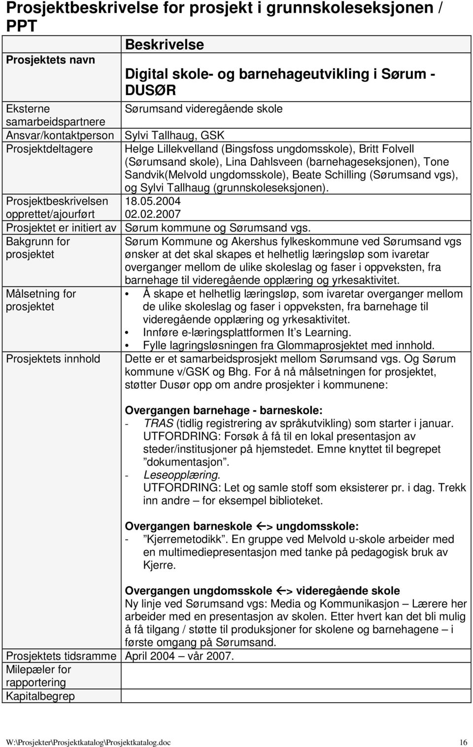 ungdomsskole), Beate Schilling (Sørumsand vgs), og Sylvi Tallhaug (grunnskoleseksjonen). Prosjektbeskrivelsen 18.05.2004 opprettet/ajourført 02.