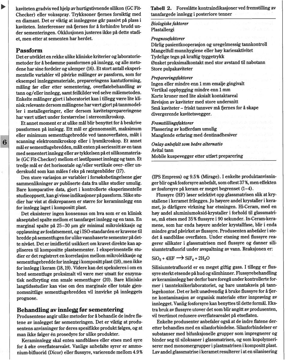 Passform Biologiske faktorer Plastallergi l'rognosef aktorer l'repareringsfaktorer Fremstillings/aktorer Si02 + 4HF ~ SiF4 + 2H20 passformen på innlegg.