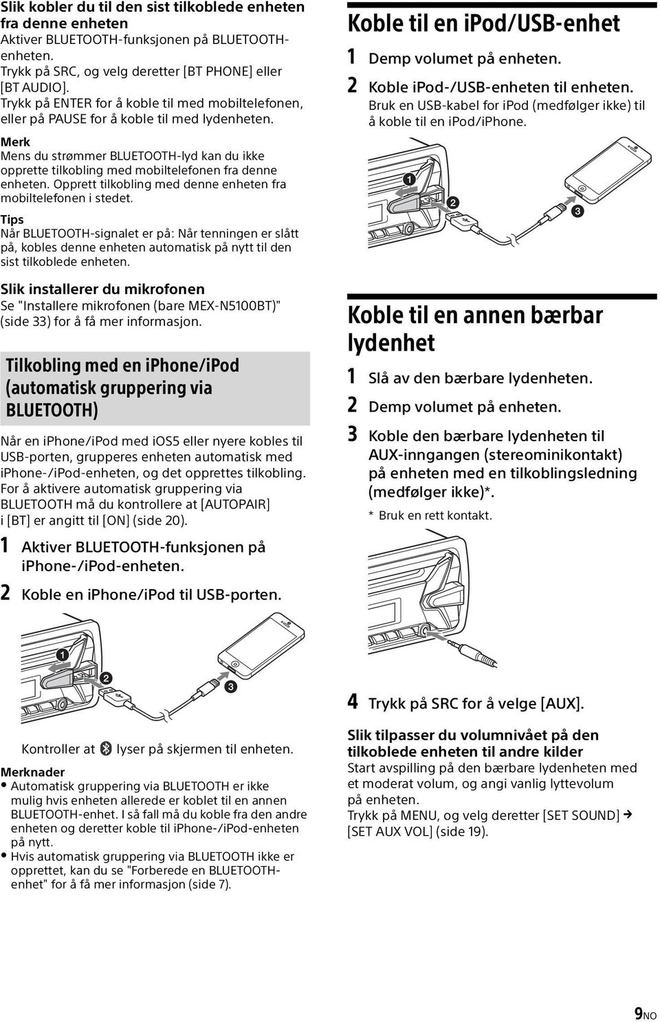 Merk Mens du strømmer BLUETOOTH-lyd kan du ikke opprette tilkobling med mobiltelefonen fra denne enheten. Opprett tilkobling med denne enheten fra mobiltelefonen i stedet.