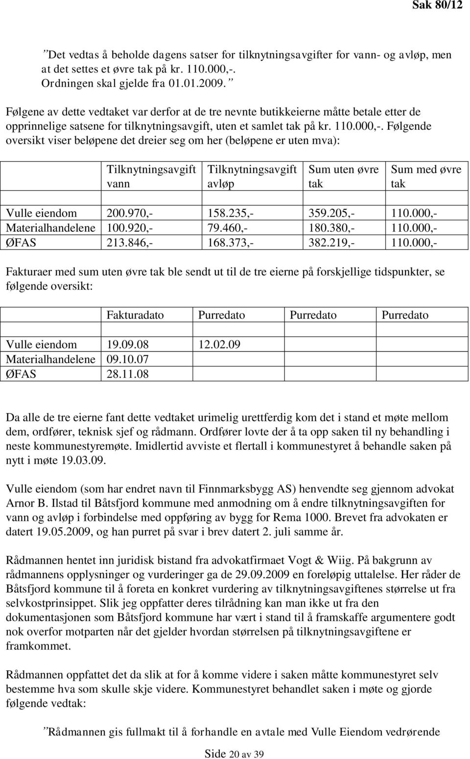 Følgende oversikt viser beløpene det dreier seg om her (beløpene er uten mva): Tilknytningsavgift vann Tilknytningsavgift avløp Sum uten øvre tak Sum med øvre tak Vulle eiendom 200.970,- 158.