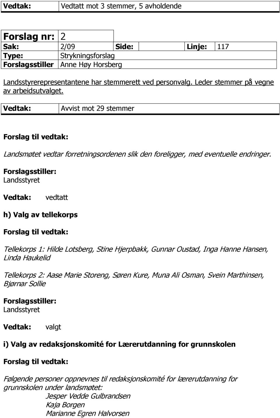 Forslagsstiller: Landsstyret vedtatt h) Valg av tellekorps Forslag til vedtak: Tellekorps 1: Hilde Lotsberg, Stine Hjerpbakk, Gunnar Oustad, Inga Hanne Hansen, Linda Haukelid Tellekorps 2: Aase Marie