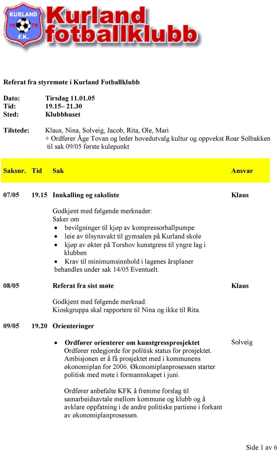 15 Innkalling og saksliste Godkjent med følgende merknader: Saker om bevilgninger til kjøp av kompressorballpumpe leie av tilsynsvakt til gymsalen på Kurland skole kjøp av økter på Torshov kunstgress