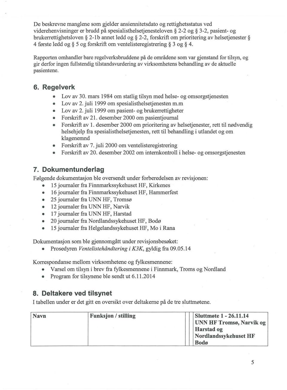 Rapporten omhandler bare regelverksbruddene på de områdene som var gjenstand for tilsyn, og gir derfor ingen fullstendig tilstandsvurdering av virksomhetens behandling av de aktuelle pasientene. 6.