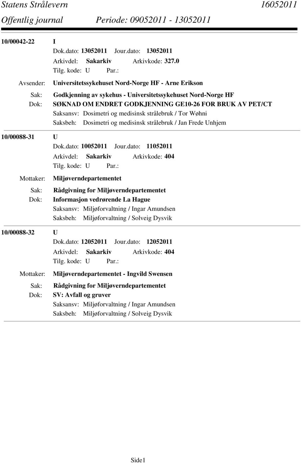 medisinsk strålebruk / Tor Wøhni Saksbeh: Dosimetri og medisinsk strålebruk / Jan Frede Unhjem 10/00088-31 U Dok.dato: 10052011 Jour.