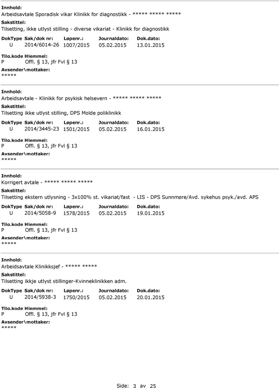 01.2015 Korrigert avtale - Tilsetting ekstern utlysning - 3x100% st. vikariat/fast - LS - DS Sunnmøre/Avd. sykehus psyk./avd.